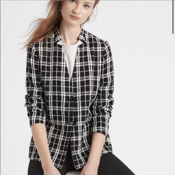 NWT! Banana Republic Boucle Tweed Gingham Black White Jacket Peacoat XS Preppy - Picture 2 of 12